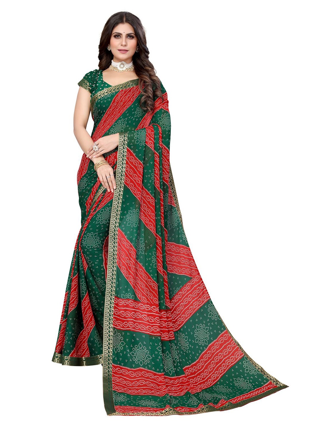 

KALINI Printed Bandhani Saree, Green