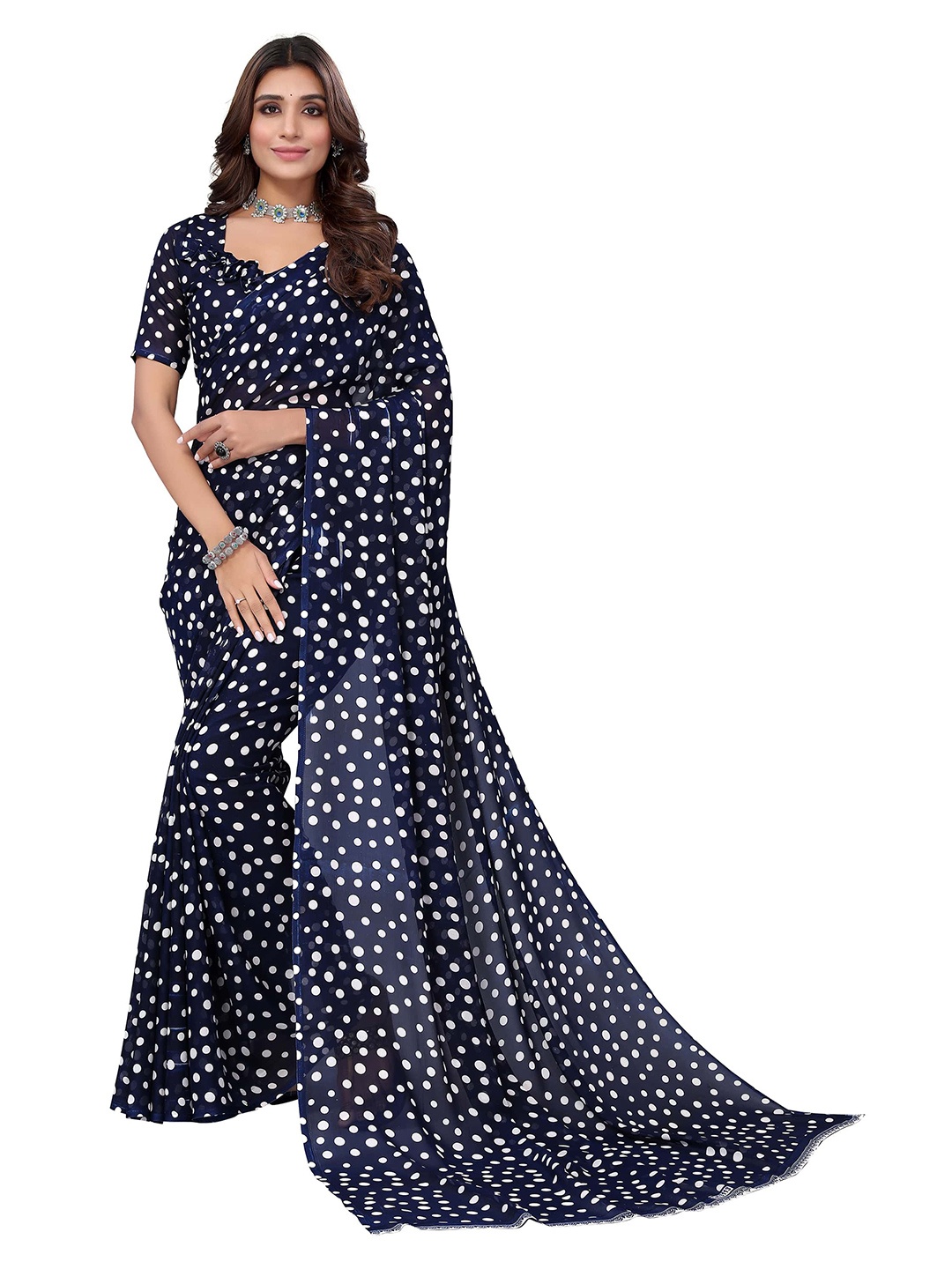 

KALINI Polka Printed Poly Georgette Saree, Navy blue