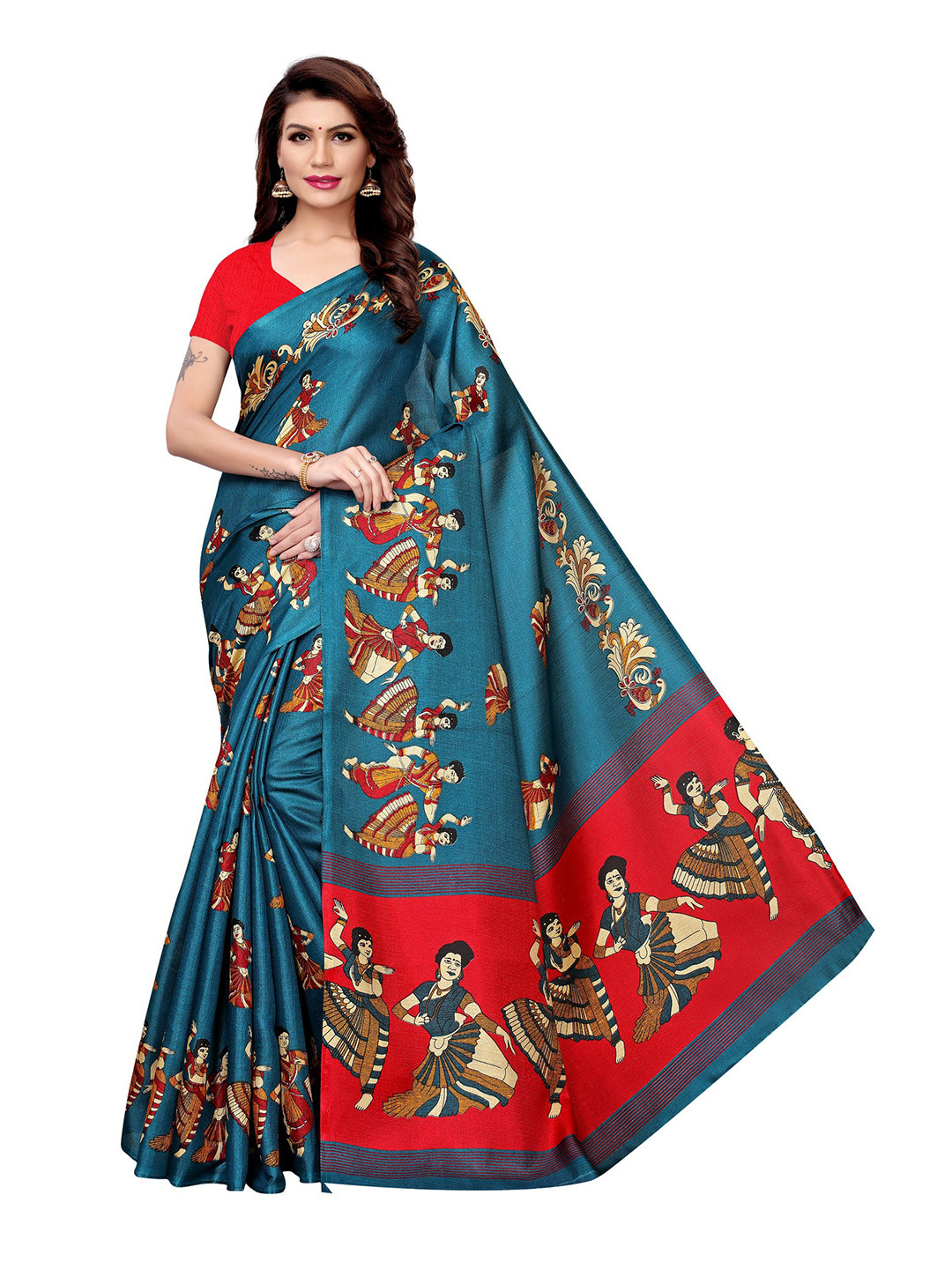 

KALINI Ethnic Motifs Printed Art Silk Saree, Teal
