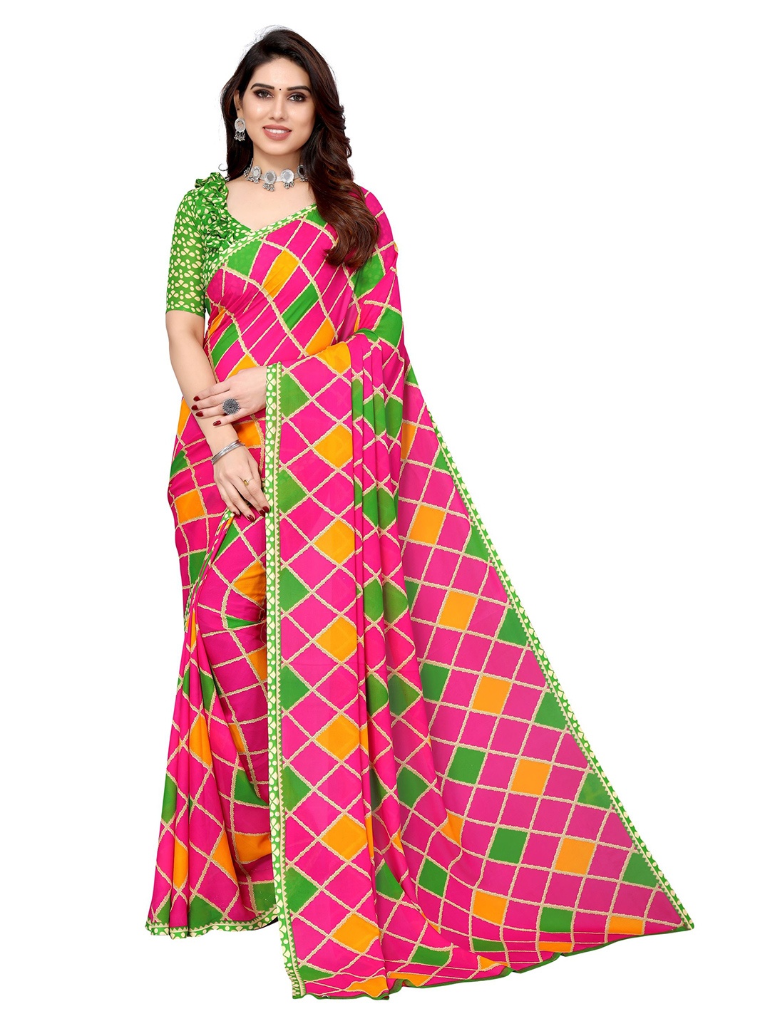 

KALINI Checked Printed Border Saree, Pink