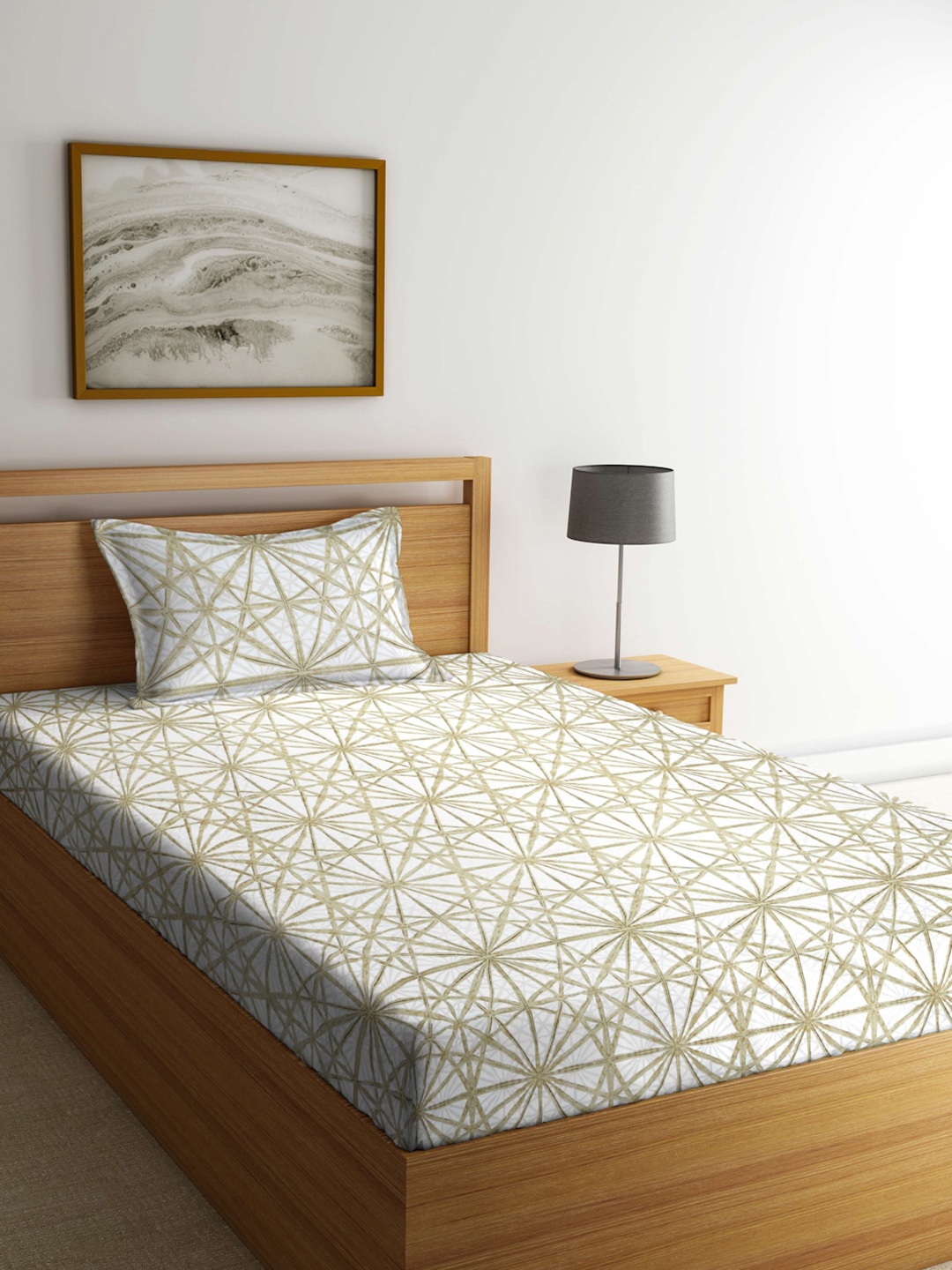 

Arrabi Beige & Green Geometric 300 TC Flat Single Bedsheet with 1 Pillow Cover