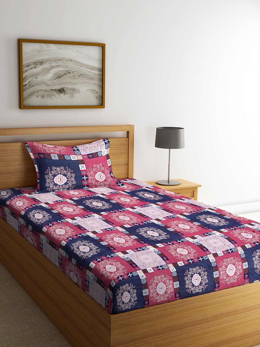 

Arrabi Navy Blue & Pink Ethnic Motifs 300 TC Flat Single Bedsheet with 1 Pillow Cover