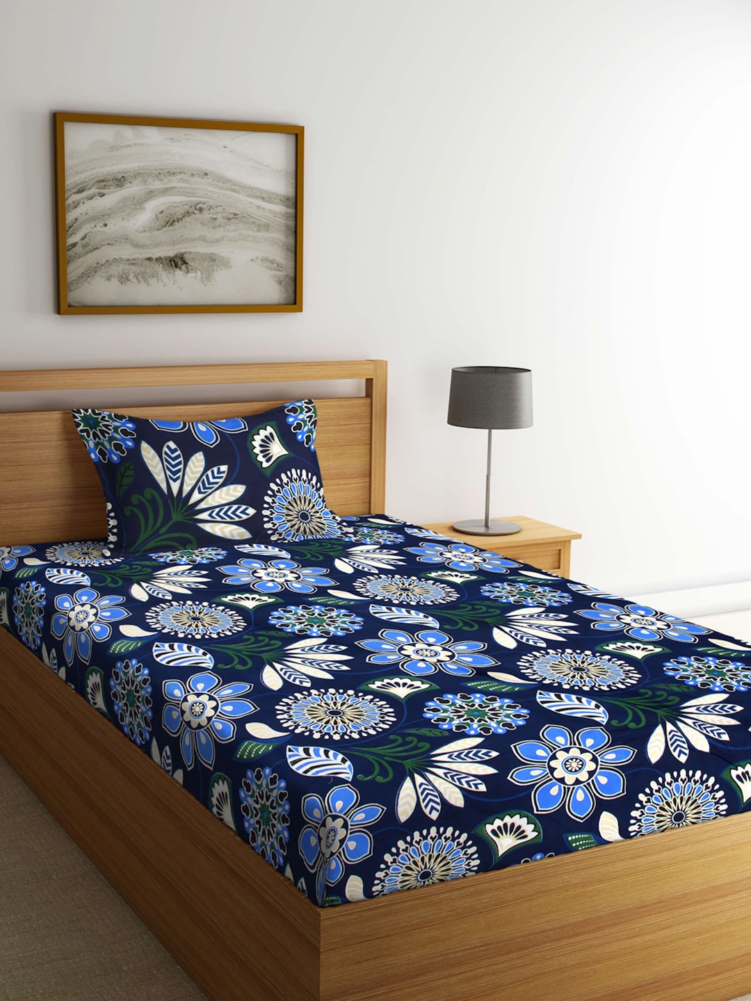 

Arrabi Blue & Green Floral 300 TC Flat Single Bedsheet with 1 Pillow Cover