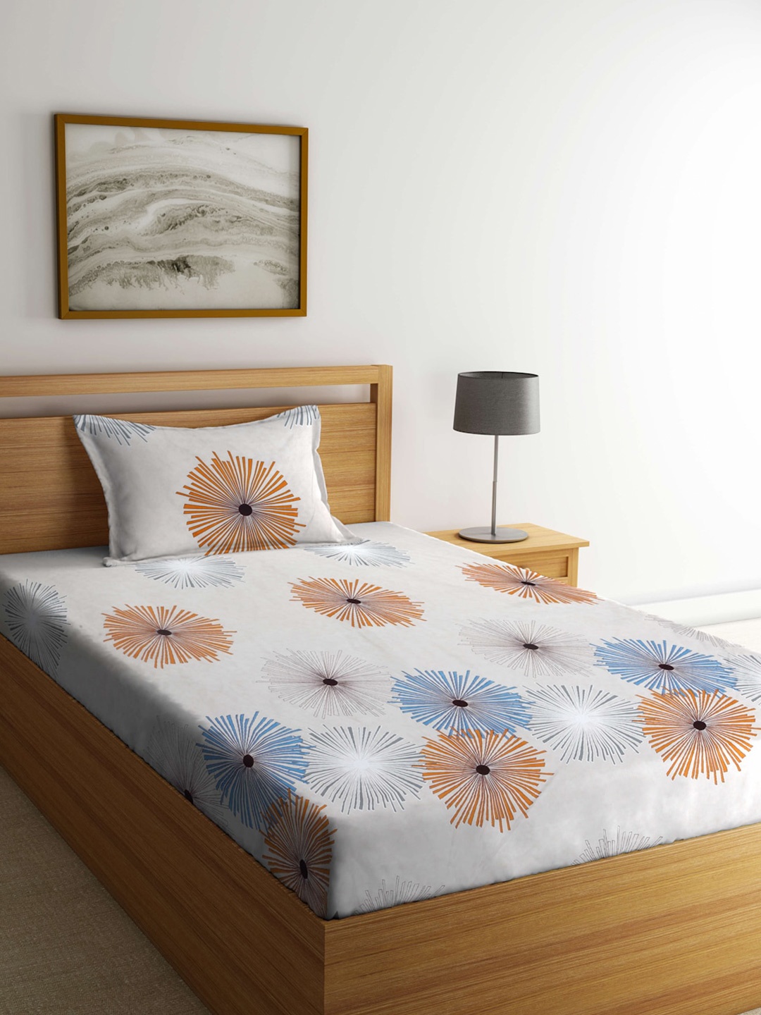 

Arrabi Beige & Blue Floral 300 TC Flat Single Bedsheet with 1 Pillow Cover