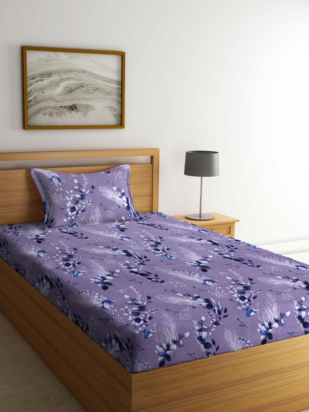 

Arrabi Grey & Blue Floral 300 TC Flat Single Bedsheet with 1 Pillow Cover