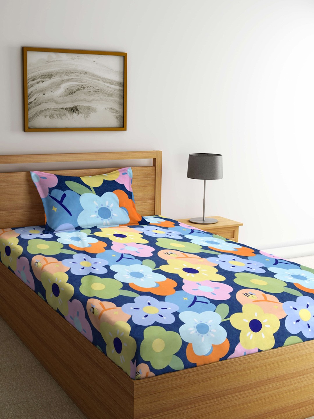 

Arrabi Navy Blue & Yellow Floral 300 TC Flat Single Bedsheet with 1 Pillow Cover