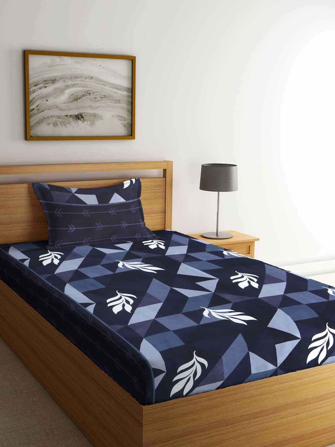 

Arrabi Blue & White Geometric 300 TC Flat Single Bedsheet with 1 Pillow Cover