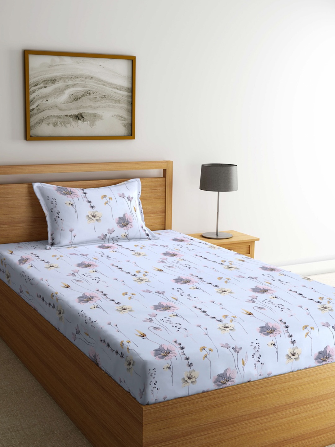 

Arrabi Grey & Pink Floral 300 TC Flat Single Bedsheet with 1 Pillow Cover