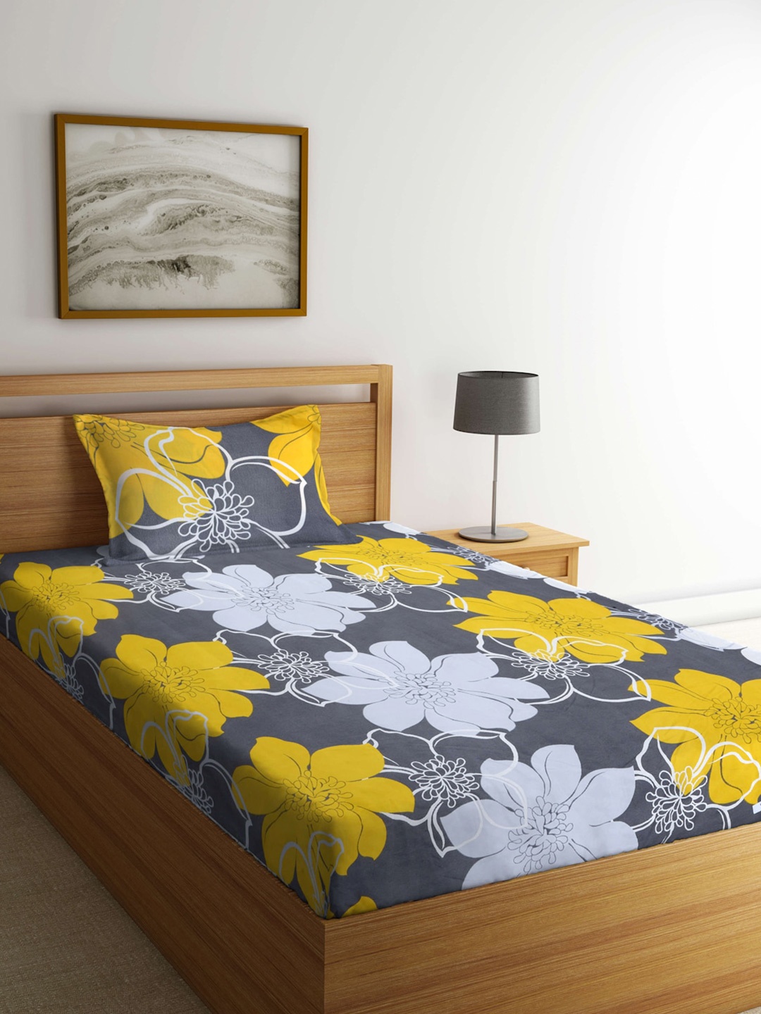 

Arrabi Grey & Yellow Floral 300 TC Flat Single Bedsheet with 1 Pillow Cover