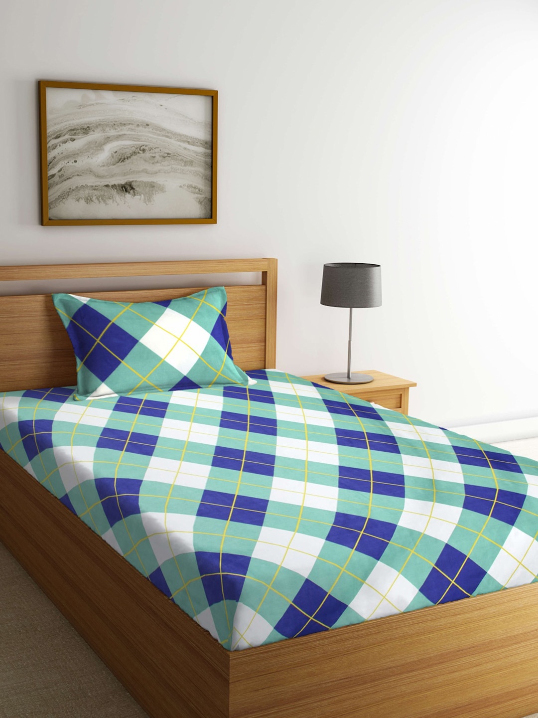 

Arrabi White & Green Geometric 300 TC Flat Single Bedsheet with 1 Pillow Cover
