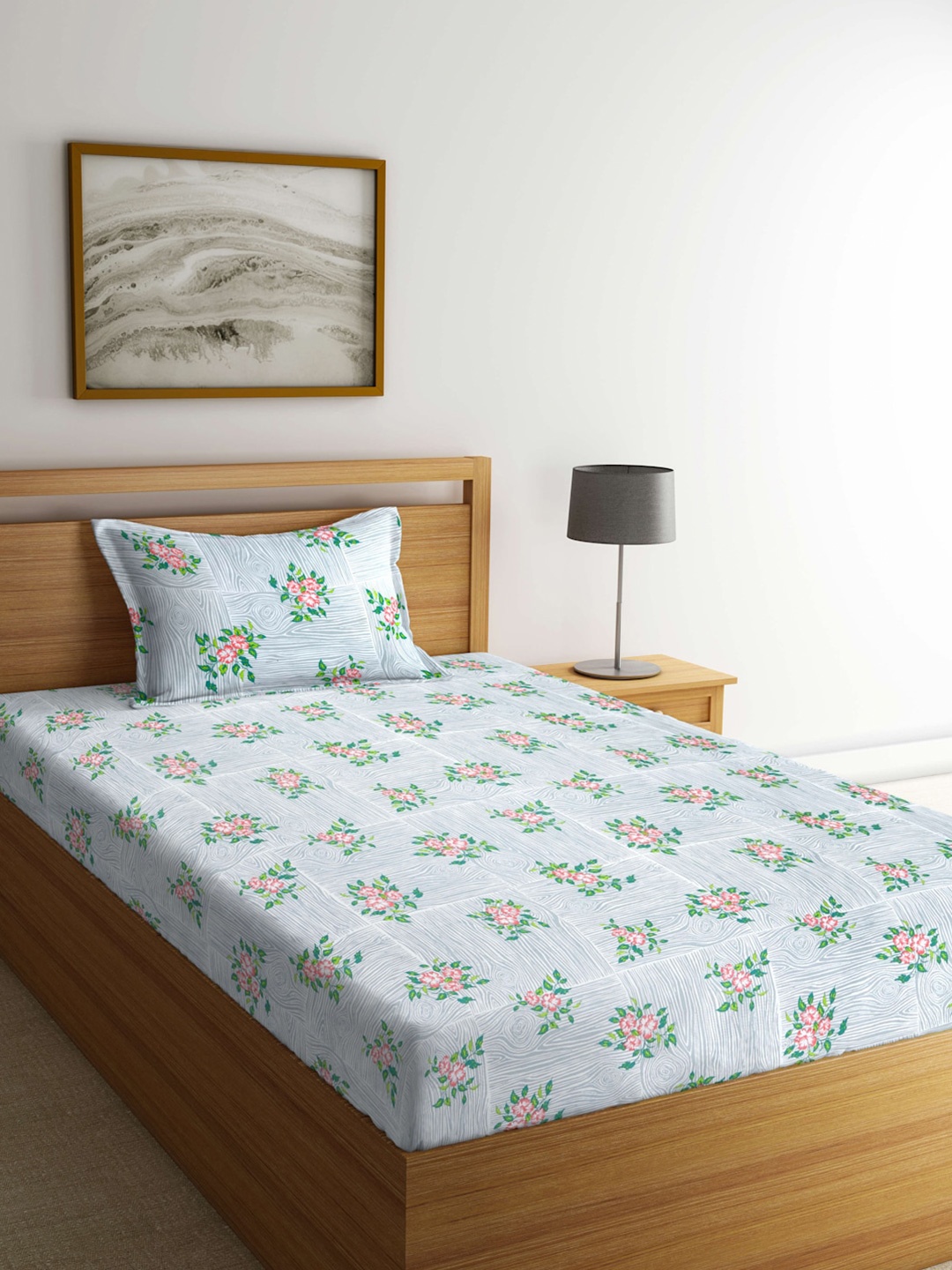 

Arrabi Grey & Pink Floral 300 TC Flat Single Bedsheet with 1 Pillow Cover