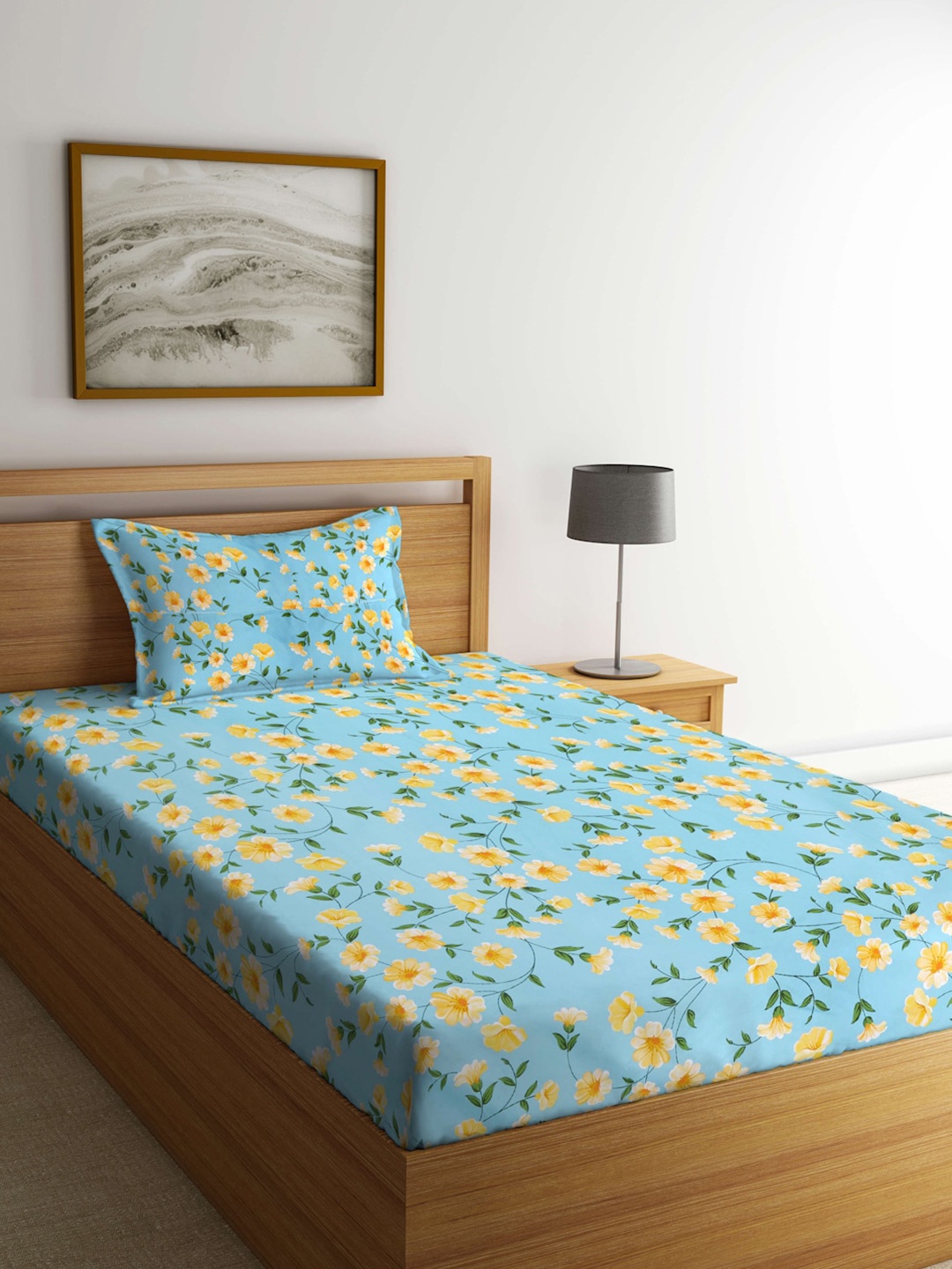 

Arrabi Teal Blue & Yellow Floral 300 TC Flat Single Bedsheet with 1 Pillow Cover