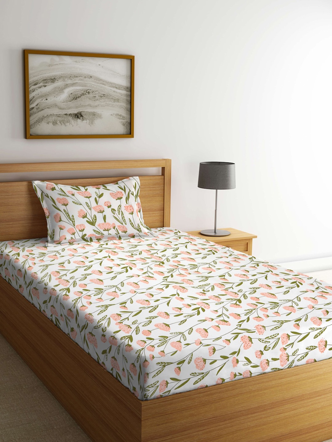 

Arrabi Cream-Coloured & Green Floral 300 TC Flat Single Bedsheet with 1 Pillow Cover