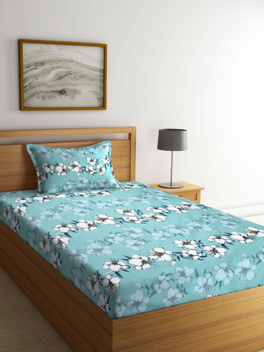 

Arrabi Green & White Floral 300 TC Flat Single Bedsheet with 1 Pillow Cover