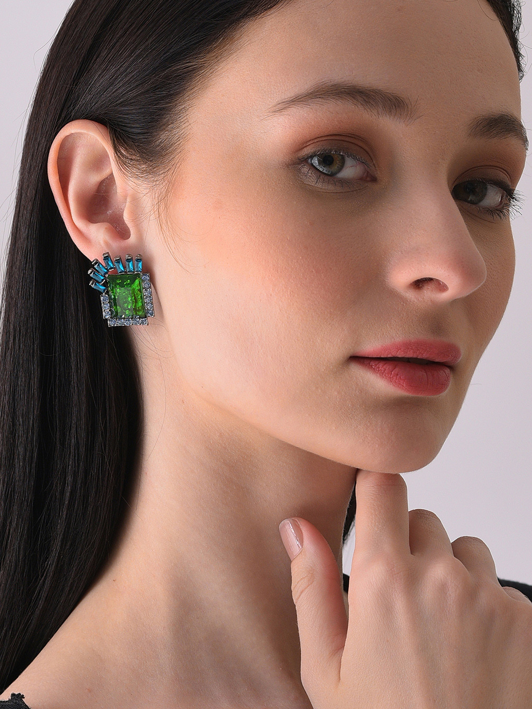 

SOHI Silver-Plated Stone Studded Contemporary Studs Earrings, Green