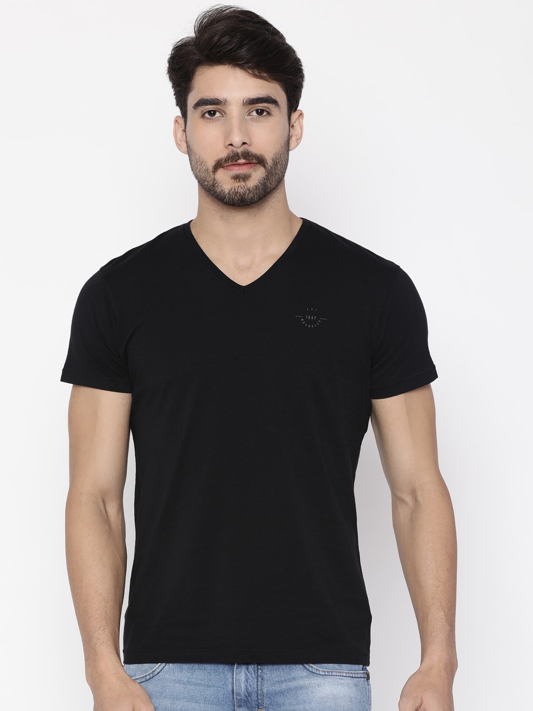 

Wrangler Men Black Solid V-Neck Pure Cotton T-shirt