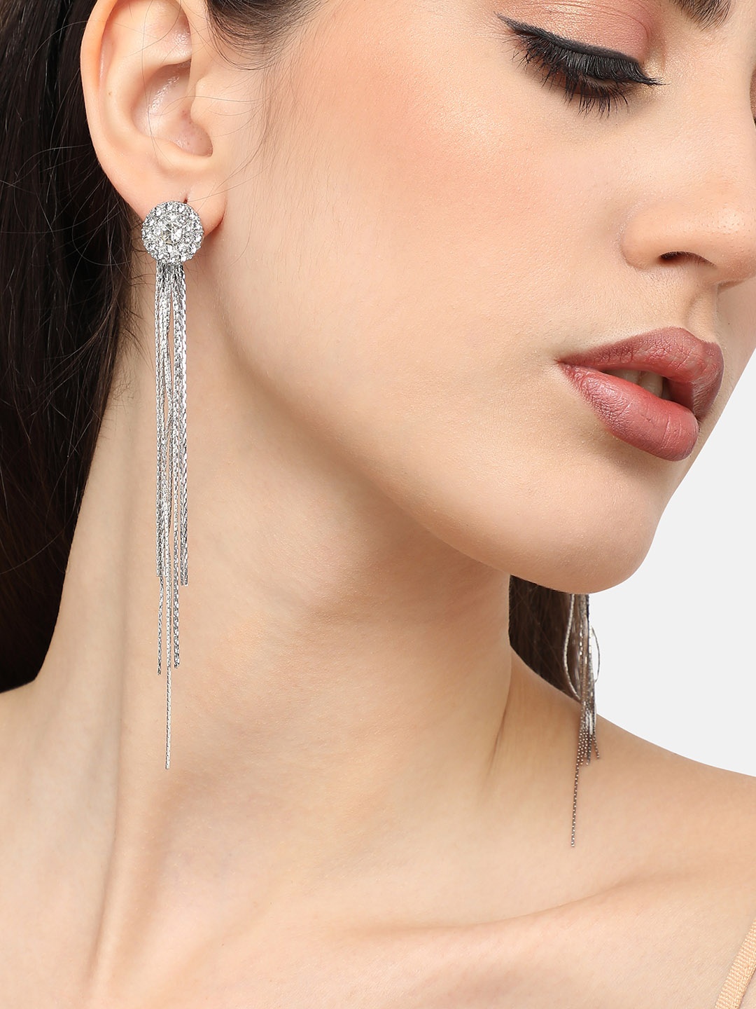 

SOHI Silver-Plated Stone Studded Contemporary Tasselled Drop Earrings, White