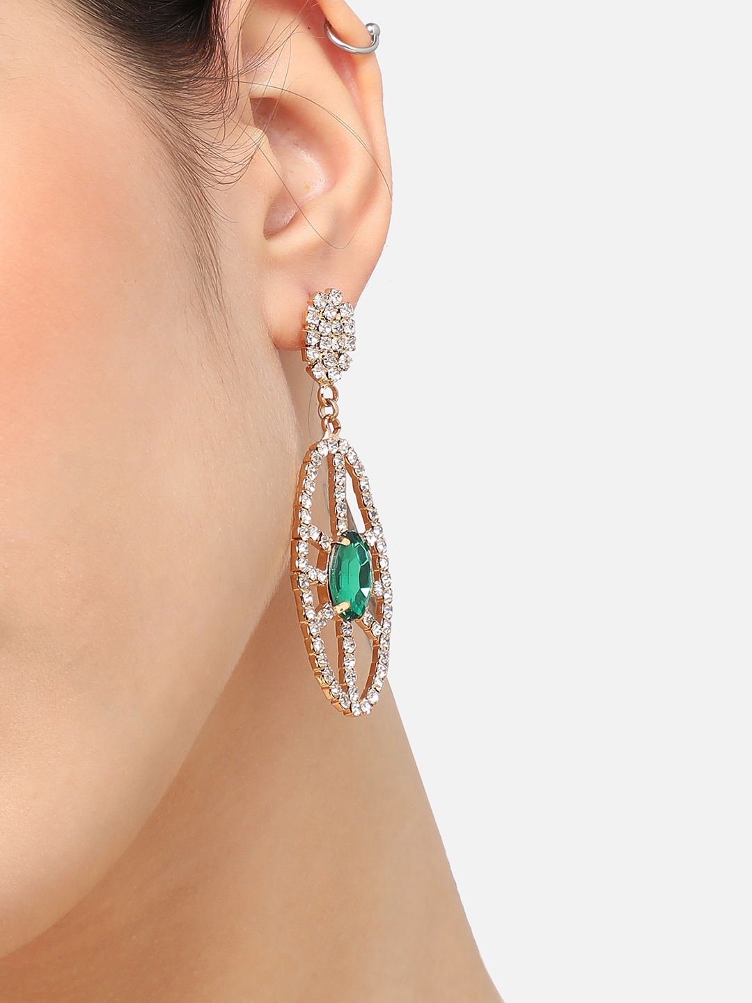 

SOHI Gold-Plated Stone Studded Contemporary Drop Earrings, Green