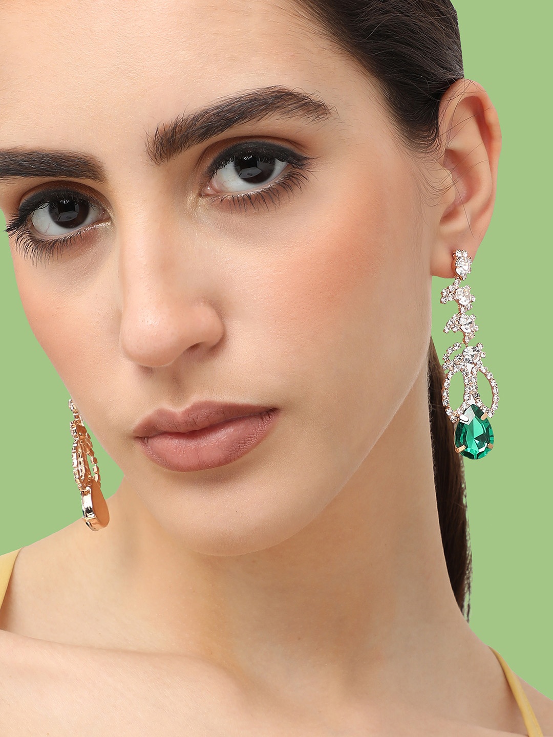 

SOHI Gold-Plated Stone Studded Contemporary Drop Earrings, Green