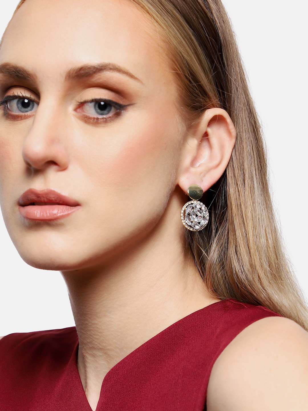 

SOHI Gold-Plated Circular Stone Studded Drop Earrings, White