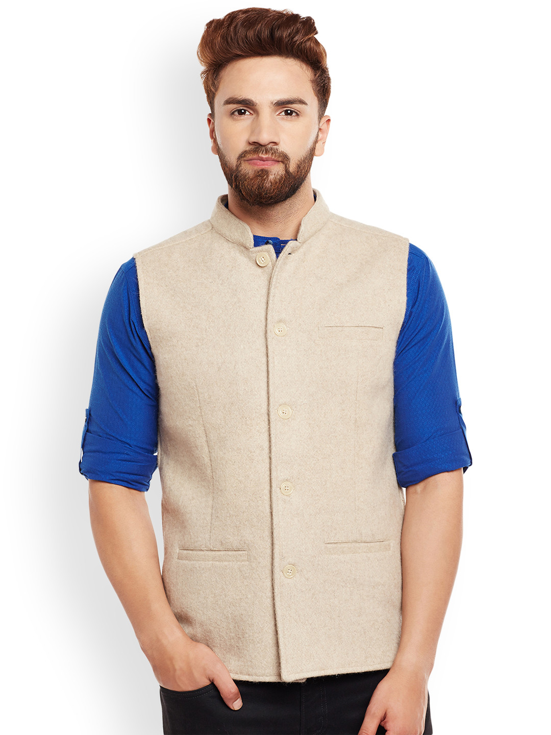 

even Men Cream-Coloured Woollen Nehru Jacket