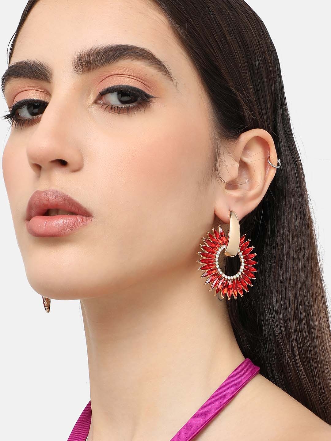 

SOHI Gold Plated Contemporary Drop Earrings, Red