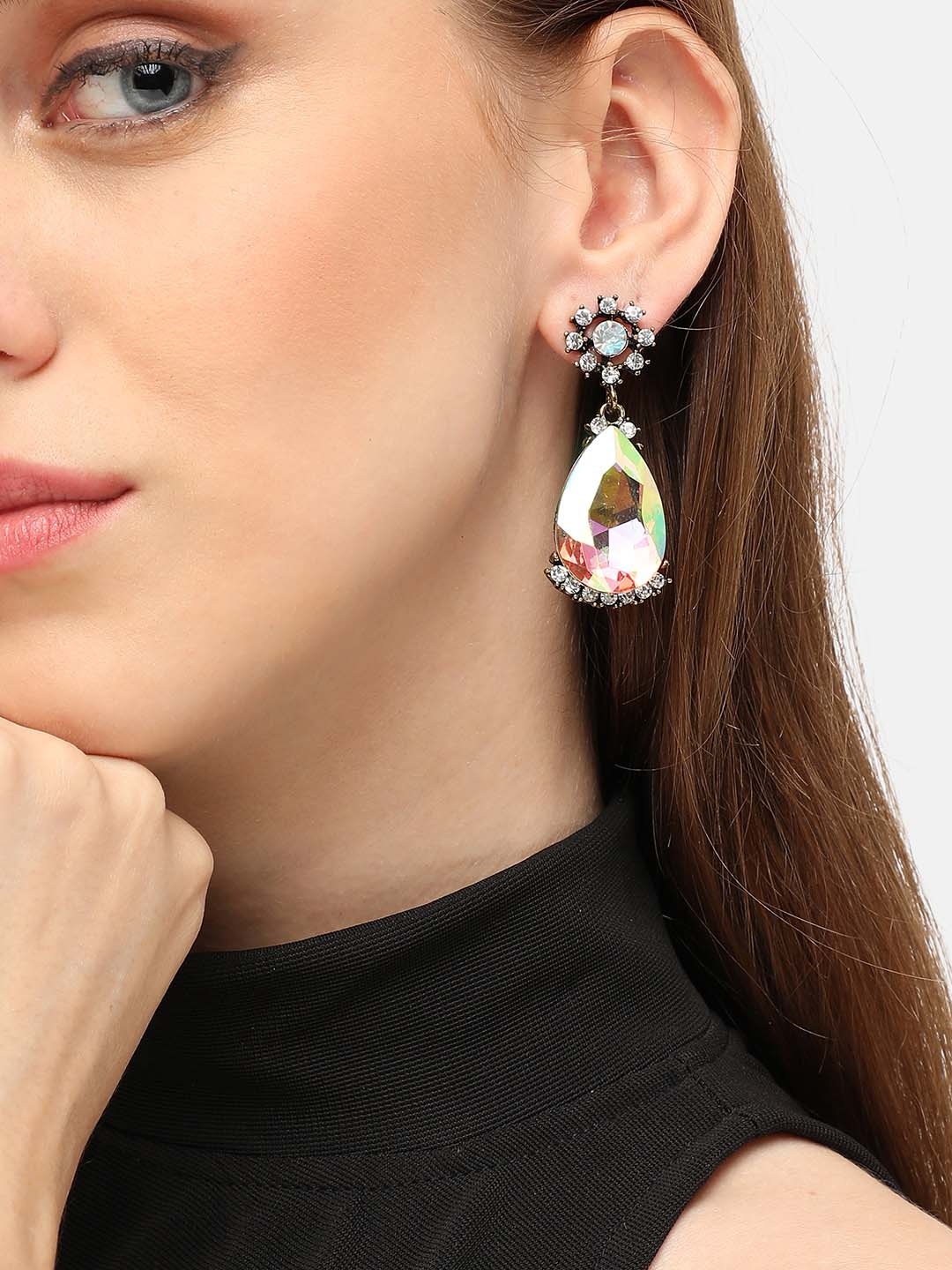 

SOHI Gold-Plated Teardrop Shaped Drop Earrings, Green