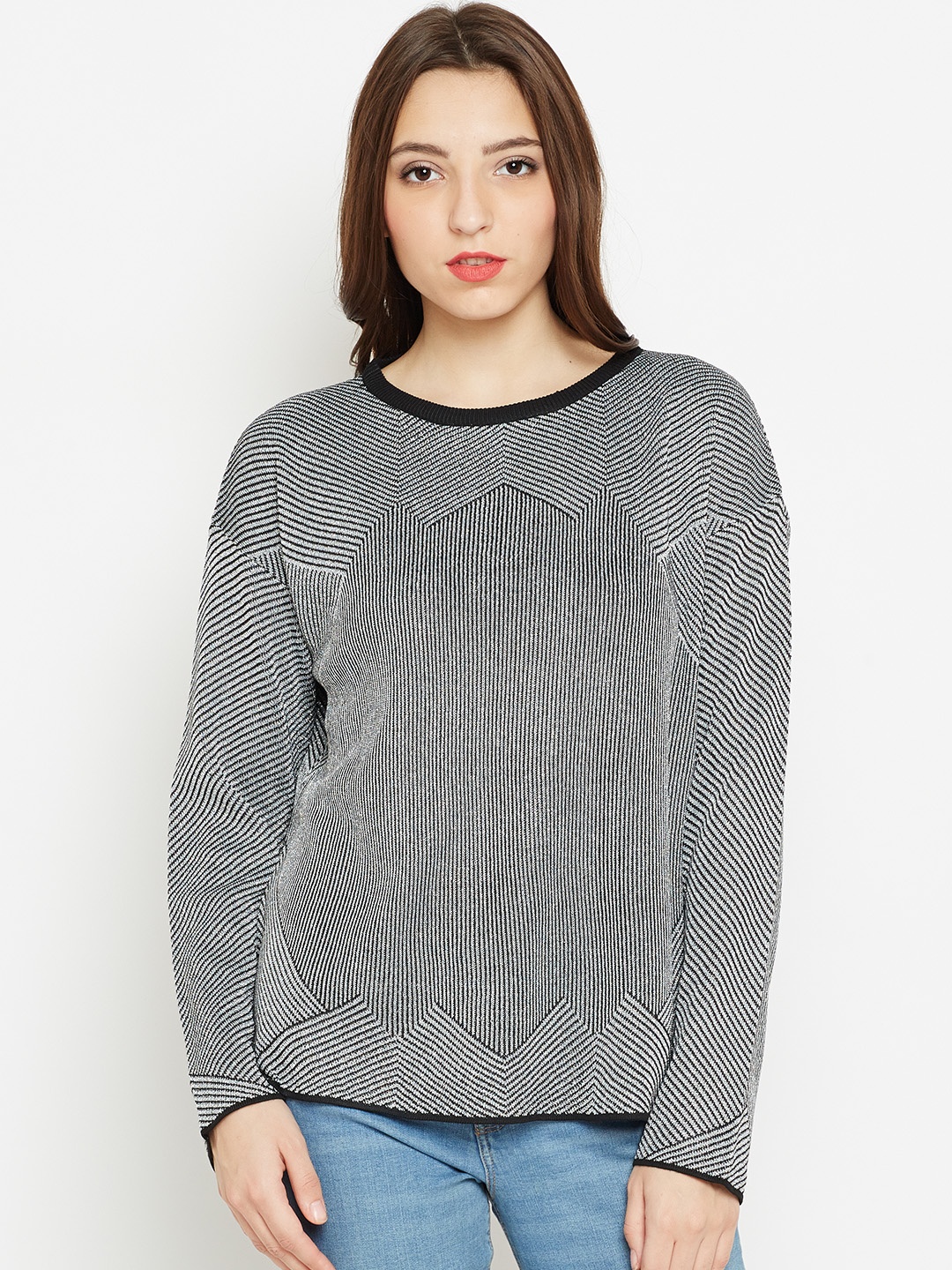 

AND Women Black & Silver Self-Striped Shimmer Top