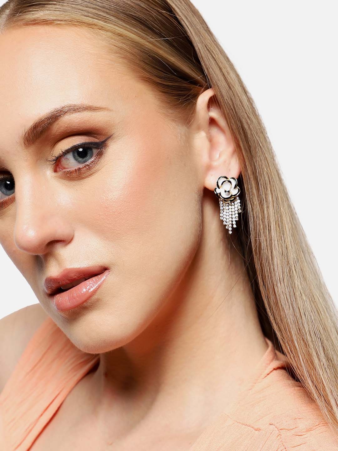 

SOHI Gold-Plated Stone Studded Floral Drop Earrings, White