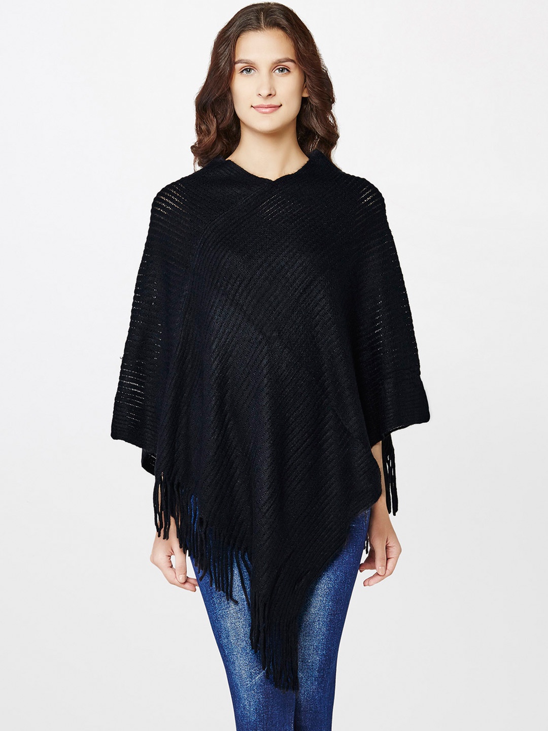

AND Women Black Solid Poncho