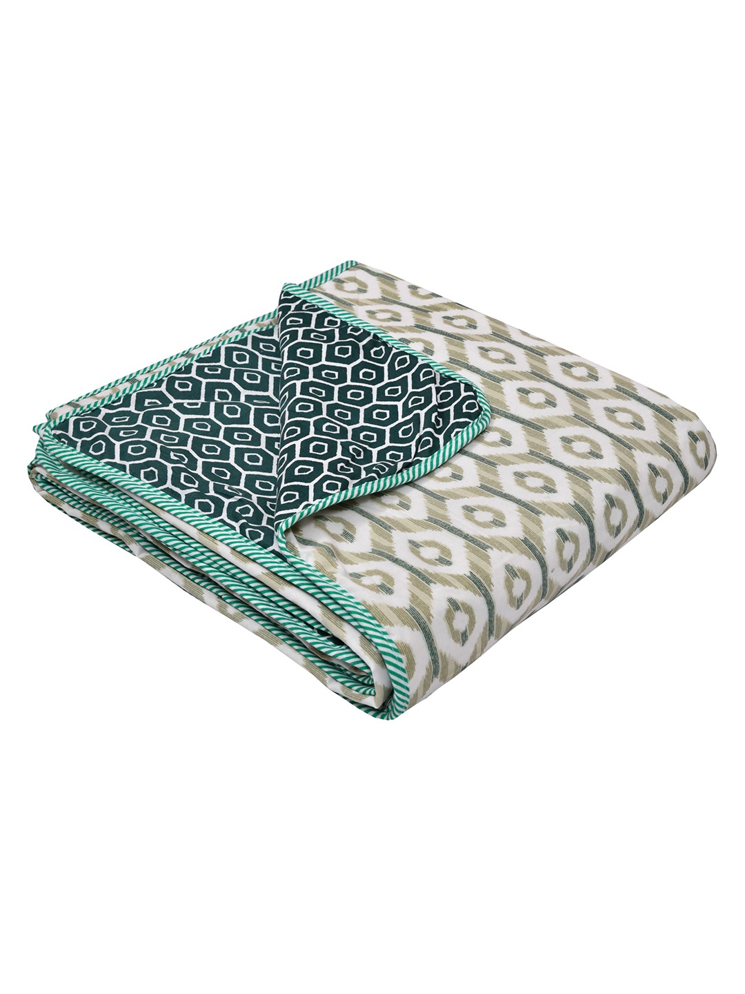 

RAASO Green & White Geometric Cotton AC Room 150 GSM Reversible Single Bed Dohar, Olive