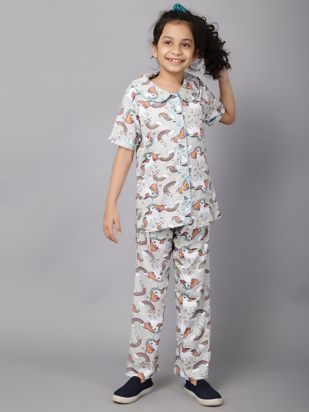 

Ninos Dreams Girls Conversational Printed Pure Cotton Night Suit, Grey