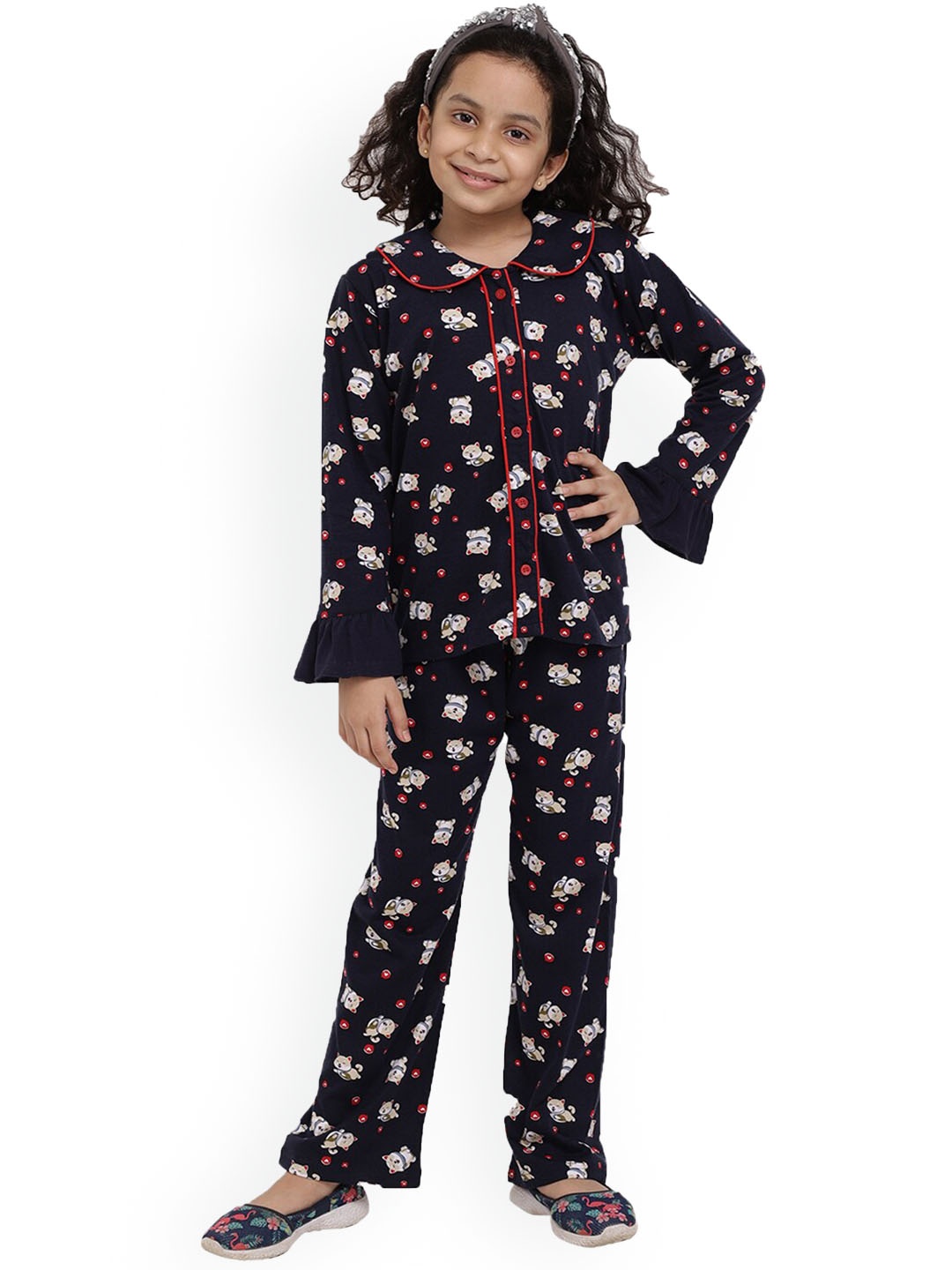 

Ninos Dreams Girls Conversational Printed Pure Cotton Night Suit, Navy blue