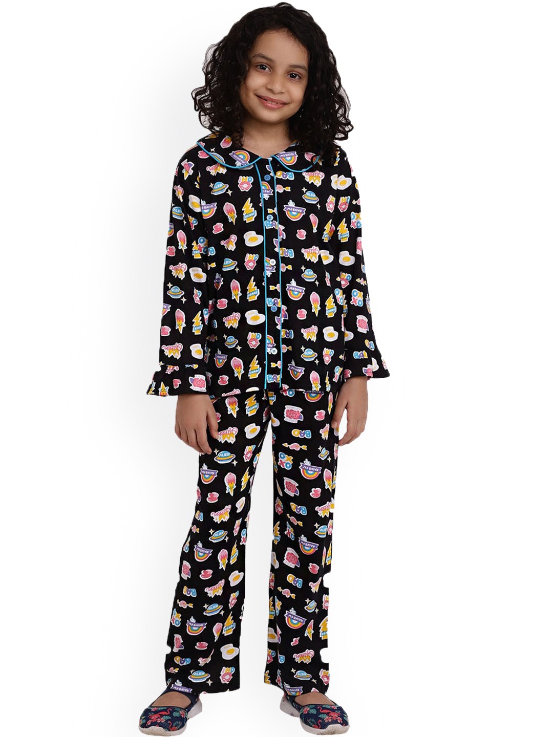 

Ninos Dreams Girls Conversational Printed Pure Cotton Night Suit, Black