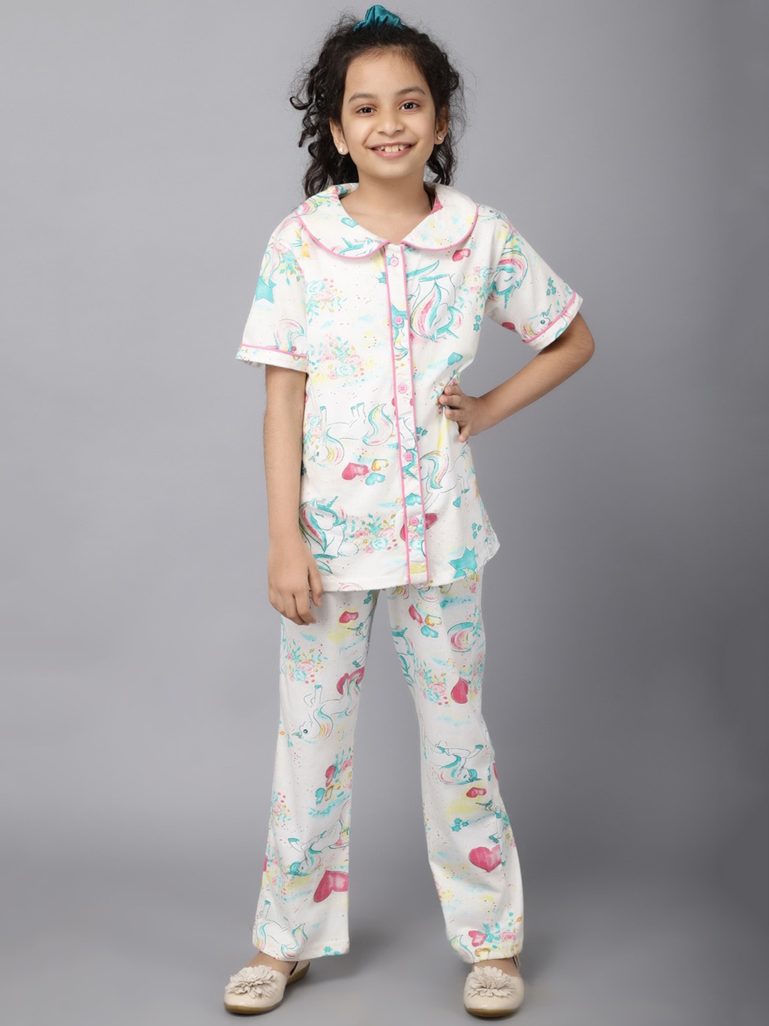 

Ninos Dreams Girls Conversational Printed Pure Cotton Night Suit, White