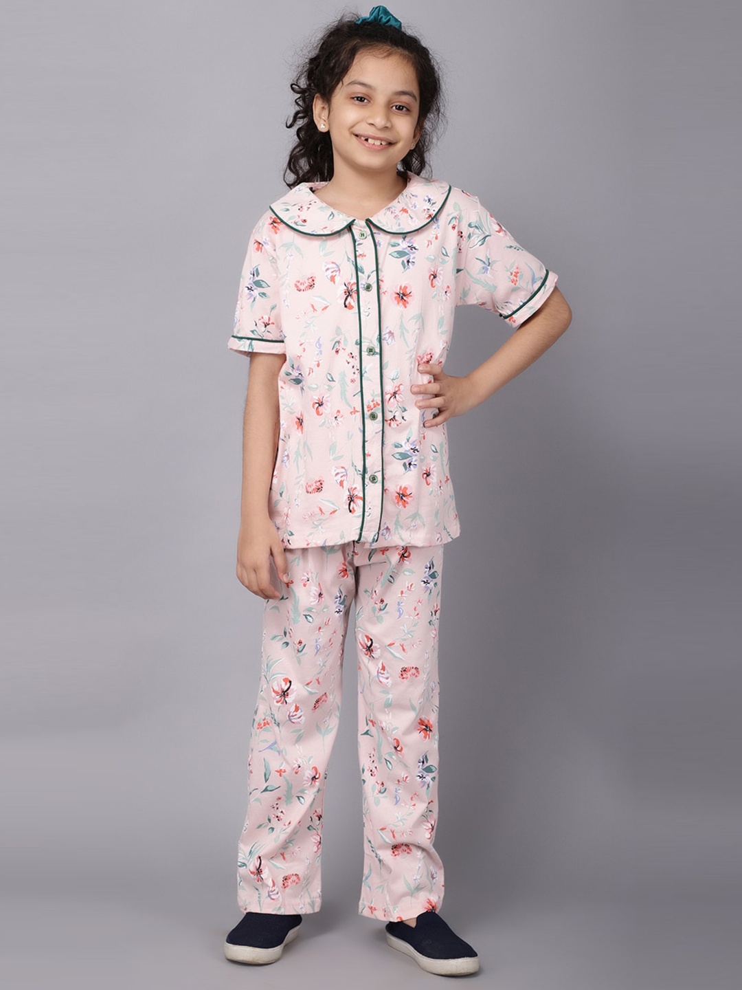 

Ninos Dreams Girls FLoral Printed Pure Cotton Night Suit, Pink