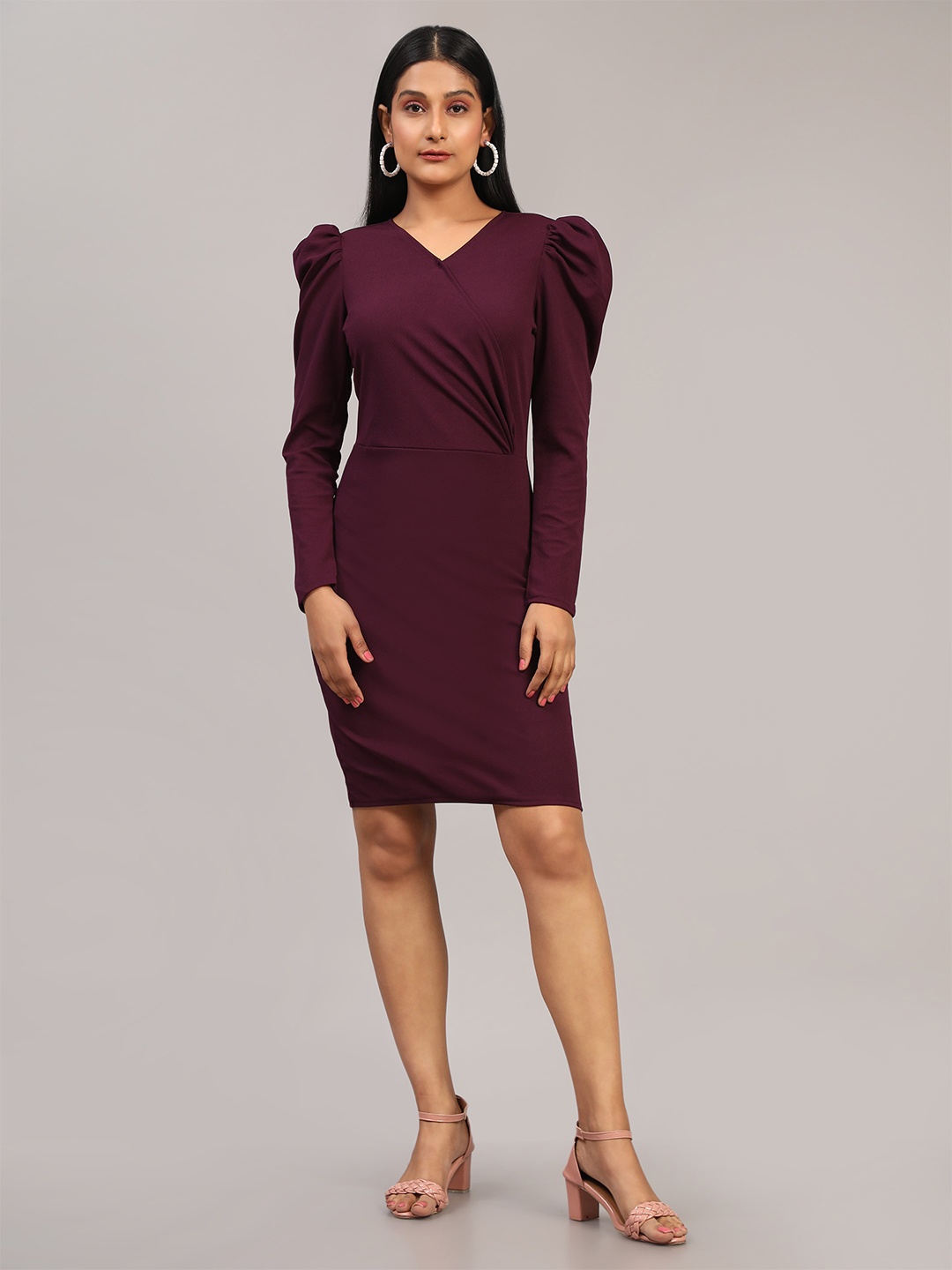 

DEETYA ARTS V-Neck Puff Sleeves Cotton Sheath Dress, Burgundy