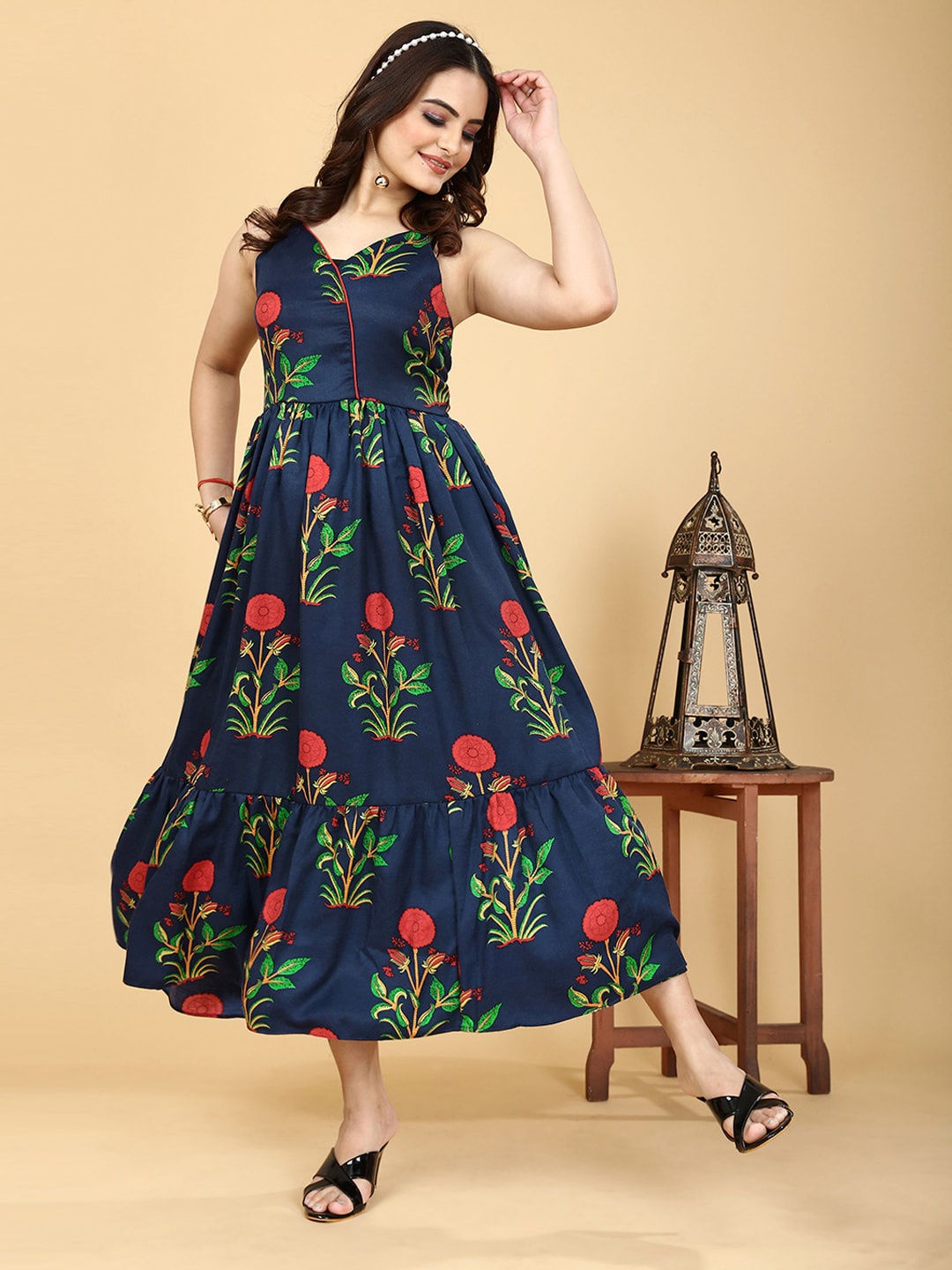 

PRENEA V-Neck Floral Maxi Fit and Flare Dress, Navy blue