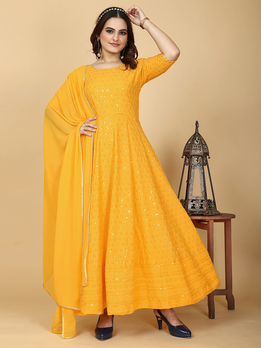 

PRENEA Floral Embroidered Maxi Ethnic Dress With Dupatta, Yellow