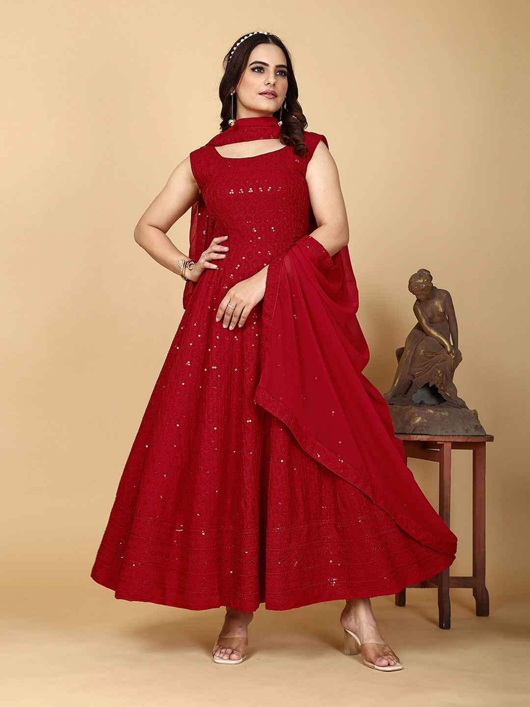 

PRENEA Floral Embroidered Sequinned Maxi Ethnic Dress With Dupatta, Red