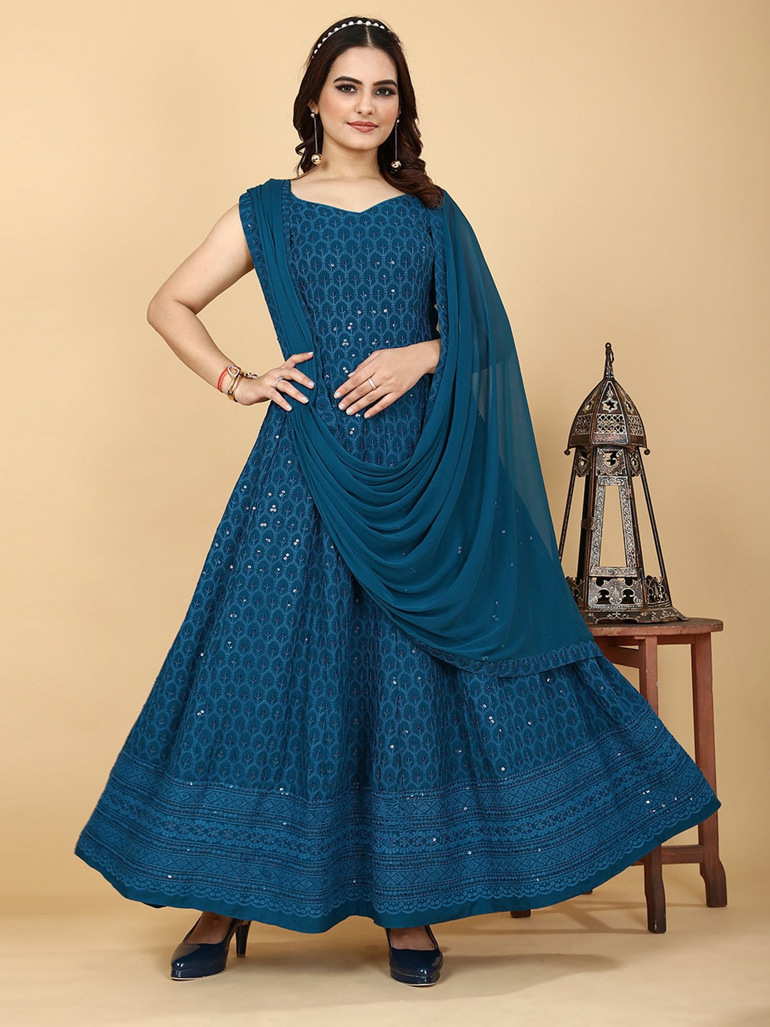 

PRENEA Embellished Chikankari Gown, Blue