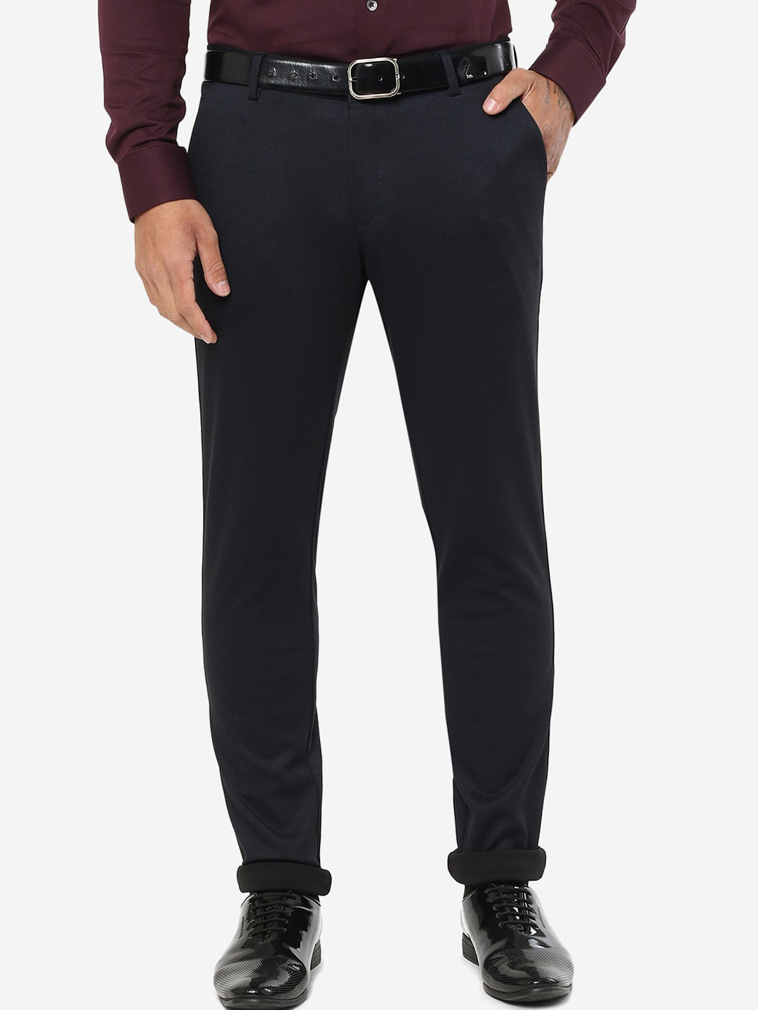 

JB STUDIO Men Cotton Slim Fit Formal Trousers, Navy blue