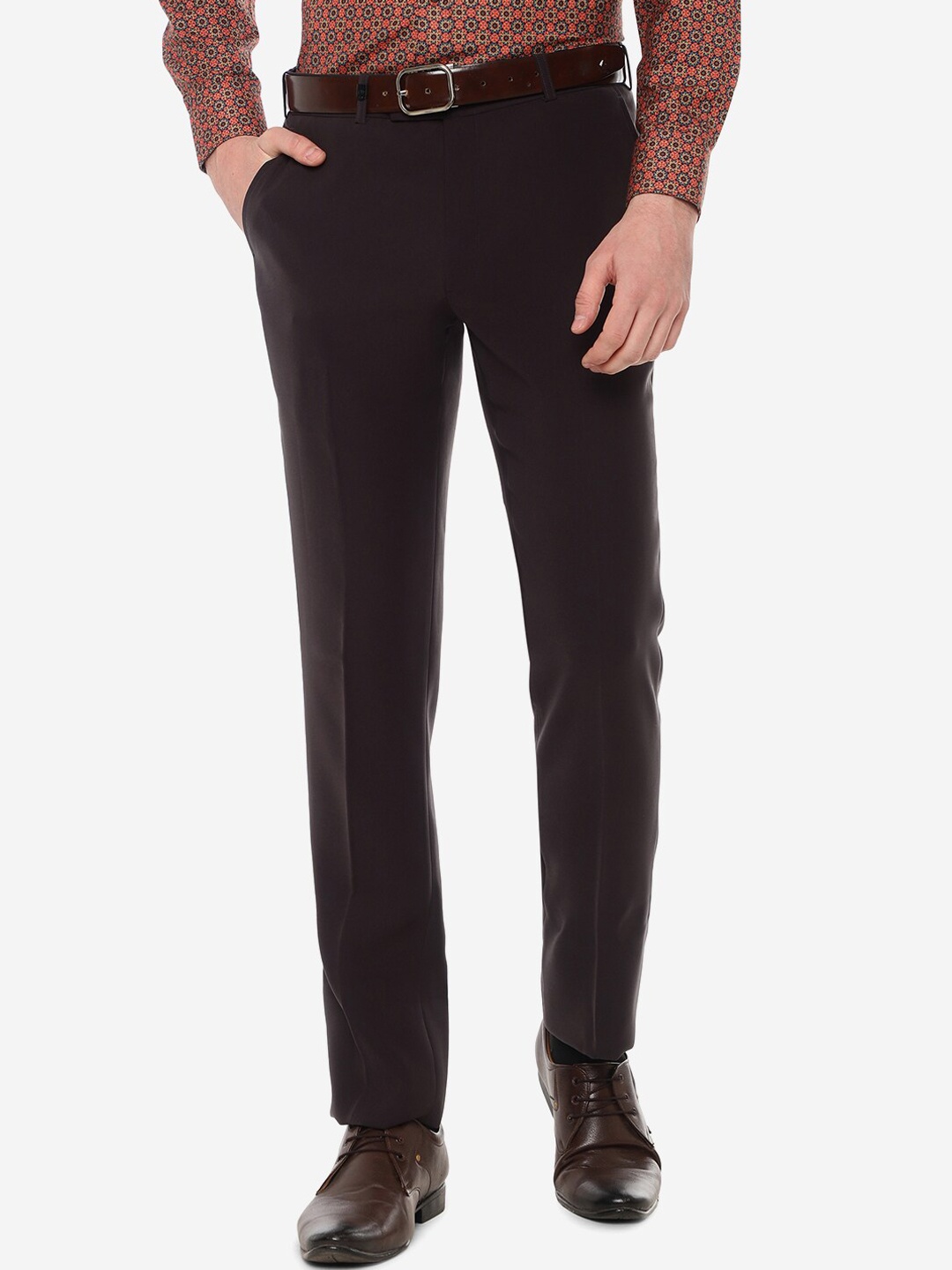 

JB STUDIO Men Slim Fit Mid-Rise Formal Trousers, Maroon