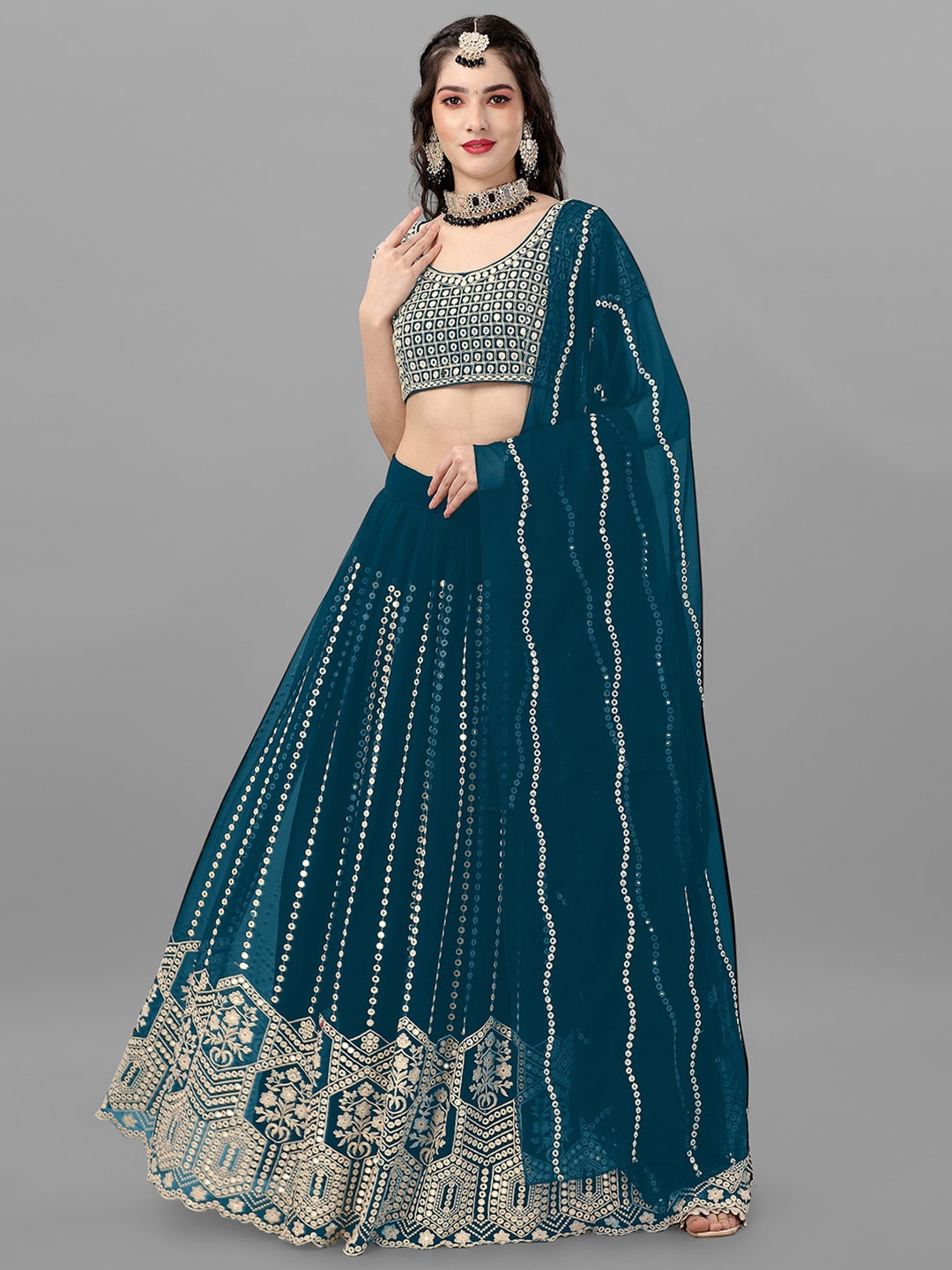 

Angroop Embellished Mirror Work Semi-Stitched Lehenga & Unstitched Blouse With Dupatta, Turquoise blue