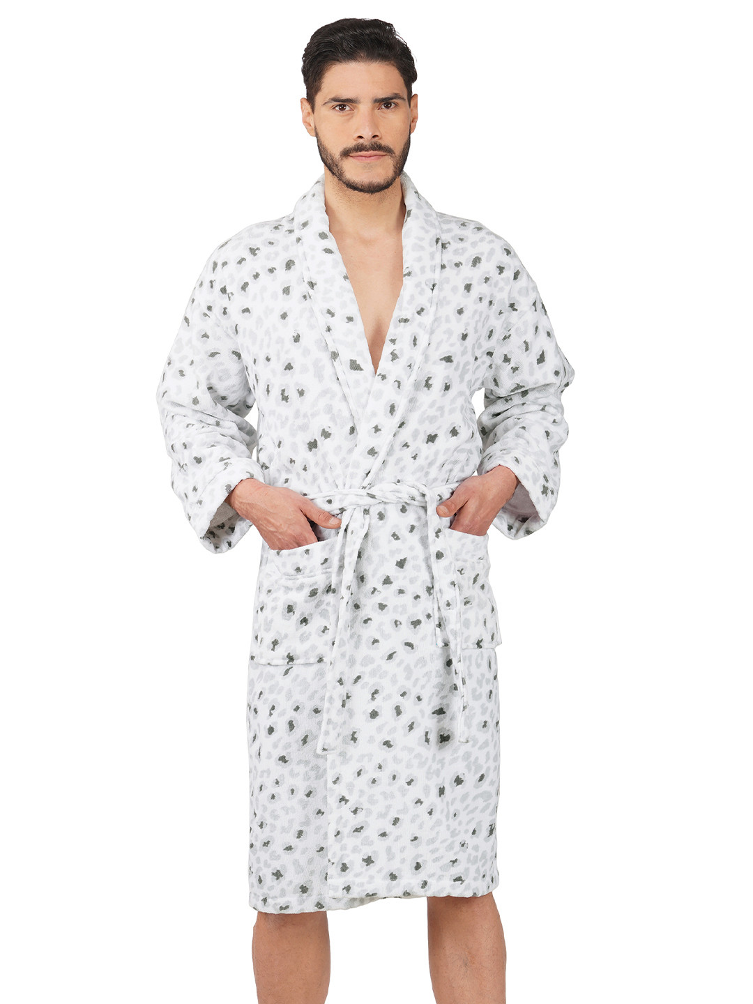 

RANGOLI Men Leopard Printed Pure Cotton Bath Robe, Grey