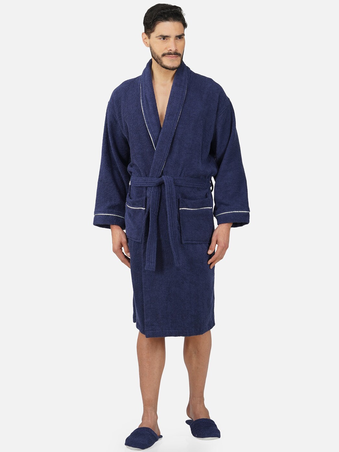 

RANGOLI 500 GSM Pure Cotton Bath Robe With Room Slippers, Navy blue