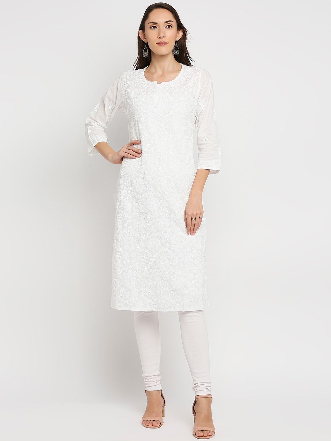

Indiankala4u Embroidered Notch Neck Chikankari Pure Cotton Straight Kurta, White