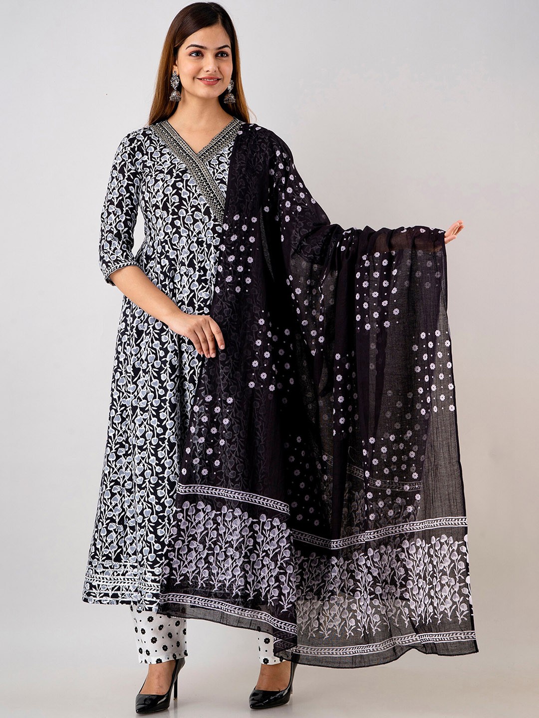 

KALINI Floral Printed Angrakha Anarkali Kurta With Trousers & Dupatta, Black