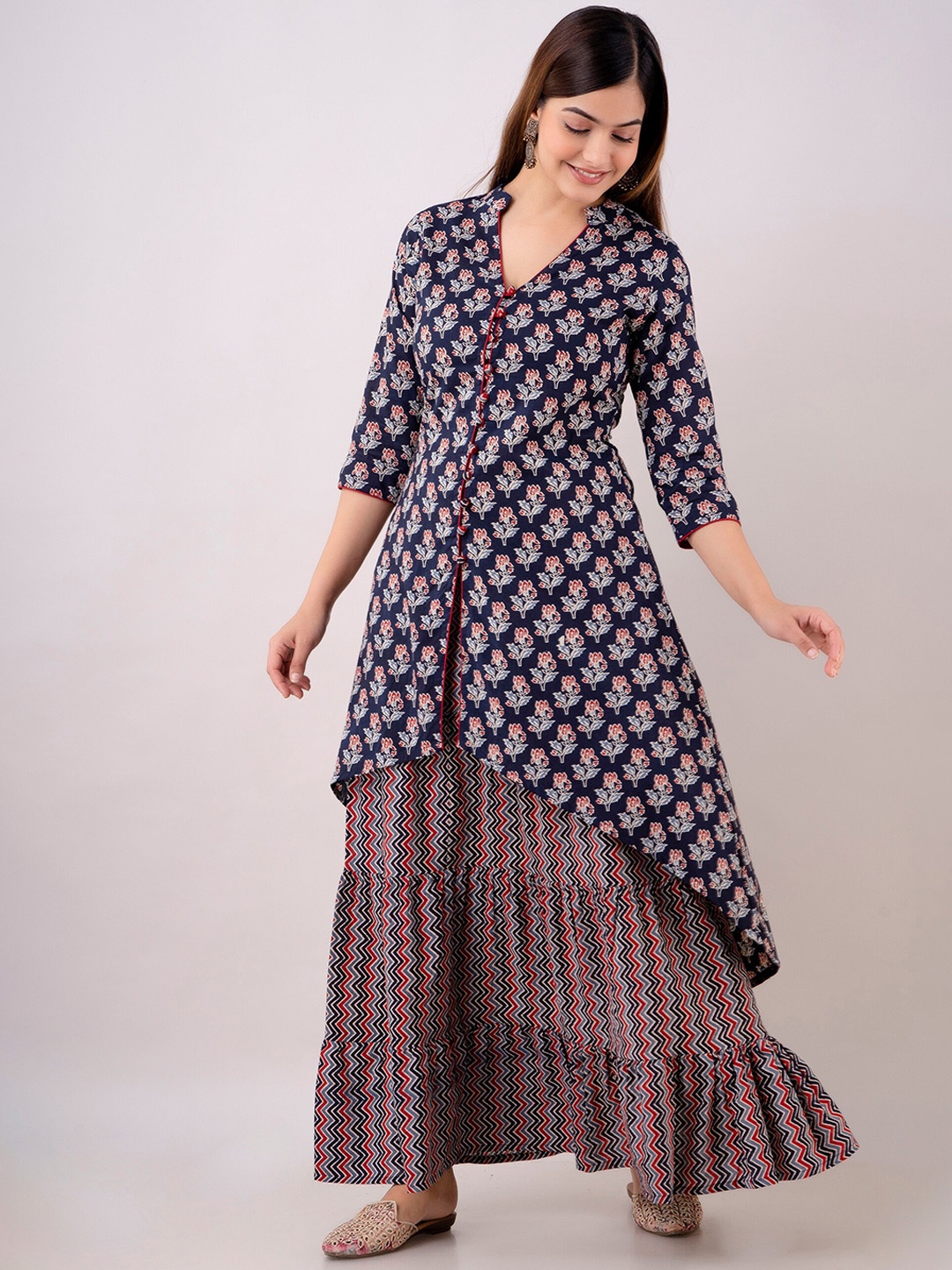 

KALINI Floral Printed High-Low Kurta With Skirt, Blue