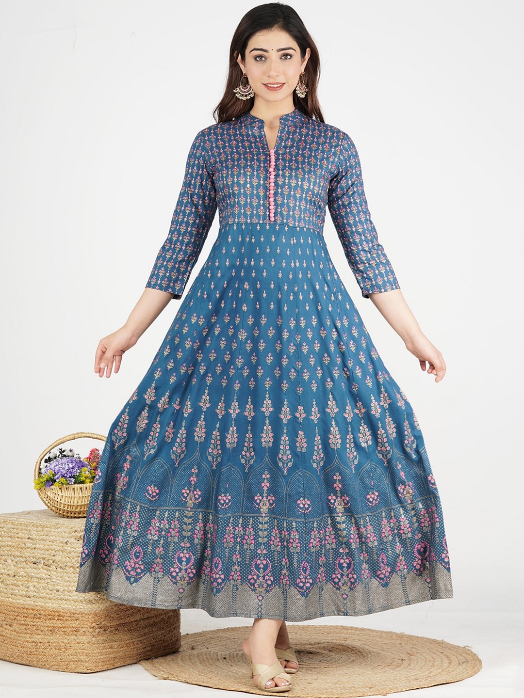 

JAIPURI COLLECTION Ethnic Motifs Printed Mirror Work Panelled Anarkali Kurta, Blue